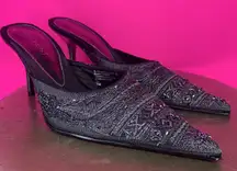 Nine West Embroidered Beaded Dark Gray Black Pointed Toe Heeled Dress Mule Sz 7