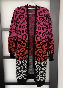 SheIn  Multi Colored Cheetah Long Sweater Oversized Large Pink Orange Black White