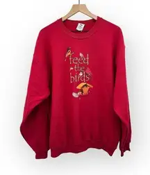 Vintage Jerzees Sweatshirt XL Red 'Feed the Birds' Graphic Print Unisex Pullover