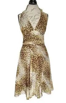 Dress Sz 11 Sz 12 Leopard Animal Halter Brown Ruched Fit & Flared