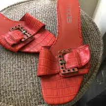 90s style  orange and gold slip on open toe sandals kitten heels with buckle detail