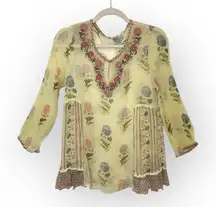 Soft Surroundings Floral Embroidered Boho Peasant Tunic Top Petite Medium