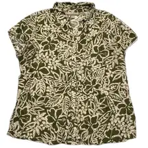 dressbarn Floral Button Front Green Beige Tropical Short Sleeve Shirt Size Large