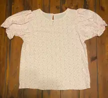 Pink floral blouse with puff sleeves, Size M (faint stain on back)