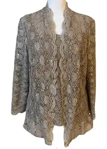 Alex Evenings Sparkly Lace Champagne 3/4 Sleeve Twin Set Size Large NWT