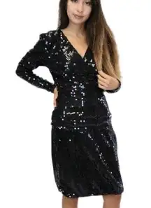 Vintage TADASHI Black Sequin Mini Dress with Long Sleeves Size 4