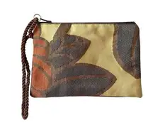 Women's brown orange tan zippered wristlet pouch clutch bag rope wrist strap