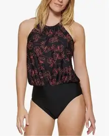 Calvin Klein High Neck Halter Blouson in Black/Red, Size 10 NEW w/Tag $118