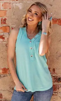 Andree By Unit NWT Women's Button Down Waffle Tank Top Aqua Size S