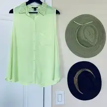 Forever 21 Y2K Neon Highlighter Yellow Sheer Sleeveless Button-Up Blouse Size L