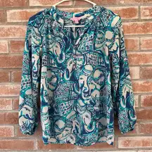Lilly Pulitzer Elsa Keep On Trunkin Blue & White Elephant Silk Blouse Women’s XS
