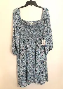 NEW Blue/Pink Floral Puff Sleeve 1X Smocked dress