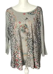 Ali Miles Top Size 1X Mesh Layered Animal Print Gray Aztec Boho Artsy Semi Sheer