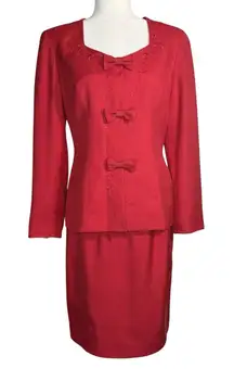 Vintage 90s‎ Liz Claiborne 100% Silk Red Skirt Suit Set Bow Embroidery Size 6