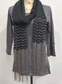 NWT Ralph Lauren Jeans Co Black Beaded Fringe Scarf Wool Blend Knit