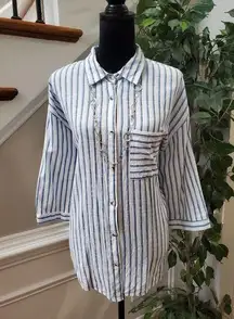 Unique Spectrum Women Blue White Striped Collared Button Front Top Shirt Size XL