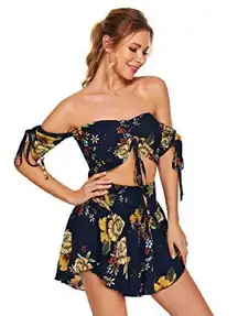 Bi@ Fang 2Piece Outfit Floral Drawstring Ruched Top & Smocked Shorts; S