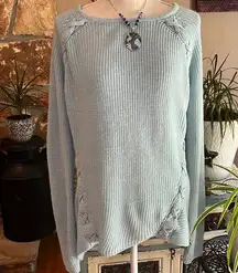 Ana Crewneck Sweater Criss-Cross Sleeve Detail Size XL Light Blue