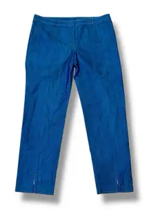 St John Size 14 Blue Denim Contrast Stitch Side Zip Wide Leg Pants Jeans USA