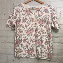 Vintage Erika Petites XL Button Top Cream Pink Floral Short Sleeve Top