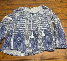 Vintage America Blues Blue White Bohemian Tassel Print Long Sleeve Top Women's M