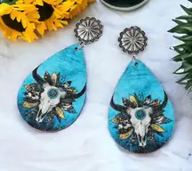 Wooden double‎ sided western style retro bullhead waterdrop dangle earrings
