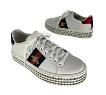 Gucci Ace Web Platform Crystal Embellished Leather Sneakers