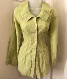 Unique green cottagecore long sleeve button up down shirt blouse ruffled exaggerated peter pan collar