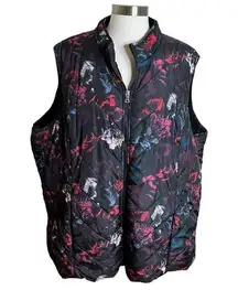 Lane Bryant Vest Womens 26/28 Black Floral Puffer Quilted Full Zip Fleece Lined