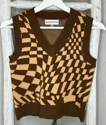 Willow & Wind Womens Sweater Vest‎ Brown Tan Checkered Sleeveless Knit Top