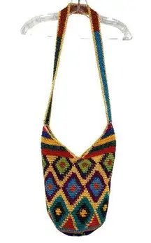 Hippie Boho Crochet Hand Woven Colorful Crossbody Bucket Bag Sling Purse