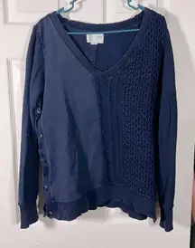 Saturday Sunday Navy V-Neck Sweatshirt Sweater with Button Detail