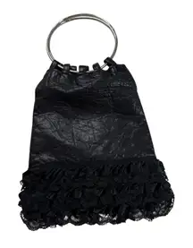 Jenni Joeltz Black Leather Lace Ruffle Mini‎ Ring Handle Purse Party Bag