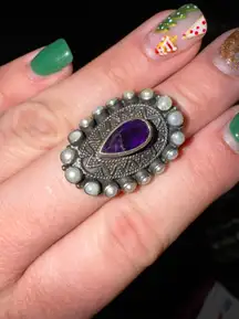 Ring / Genuine Amythyst / Artisan / Cultured Pearl / Signed 925