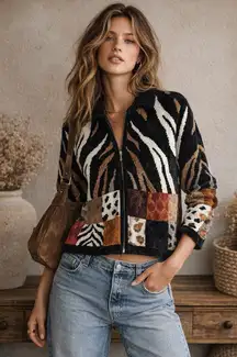 VTG Y2K Cache Womens Chenille Patchwork Zip Jacket Size S Animal Print Artwear