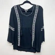 Style & Co. Bohemian Black Embroidered Womens Top Sz Large Flared Sleeves Flowy