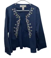 Badgley‎ Mischka Women's M Navy Jeweled Embellished Open Front Jacket