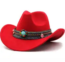 Red‎ Western Cowboy, Cowgirl Hat, Bead Tassle Strap, Men Women Retro Wide Brim