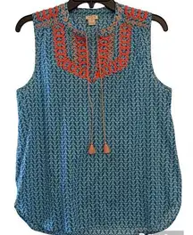 J.Crew  Boho Blue Orange Embroidered Tie Neck Sleeveless Tunic Top Tassels Size 8