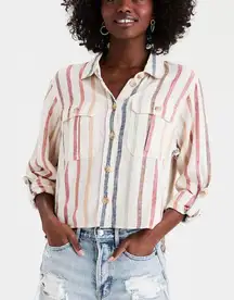 Outfitters Colorful Rainbow Striped Cropped Linen Button Down