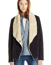 Bernardo Black‎ Faux Suede Shearling FauxFur Sherpa Drape Waterfall Jacket Med