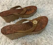 Tory Burch Wedge Flip Flops Tan Leather Cork Platform Thong Sandals Women's 8
