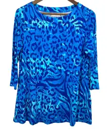 Belle by Kim Gravel Blue Animal Print 3/4 Sleeve Tunic Top Size S Stretch Jersey