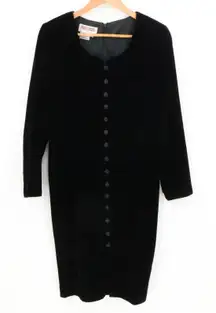 Vtg 90s Maggy London Velvet Black Button Front Midi Dress‎ Emo Elegant Size 8P