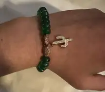 Erimish Rose Gold Tone Enameled Cactus Green Jadeite Real Stone Stretch Bracelet