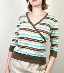 Vintage y2k Old Navy Brown & Blue Striped Surplice Eyelet Knit Blouse Shirt Top