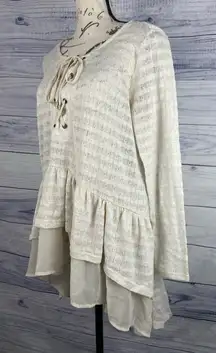 Maurices Lace Up Ruffle Tunic Duster Top Womens 0 US XS Pointelle Knit Long Slv
