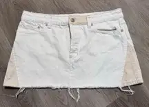 We The Free People Two Toned Patched Up White Cream Raw Hem Denim Skirt 29