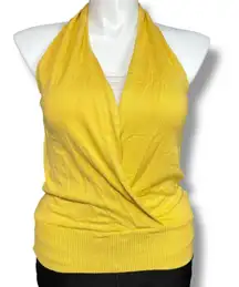 XOXO Womens Sweater Halter Top Sleeveless Faux Wrap Banded Hem Yellow Y2K Large
