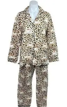 P.J. Salvage  Tan Cotton Leopard Coffee Cups Flannel Long Sleeve Pajama Set Size S